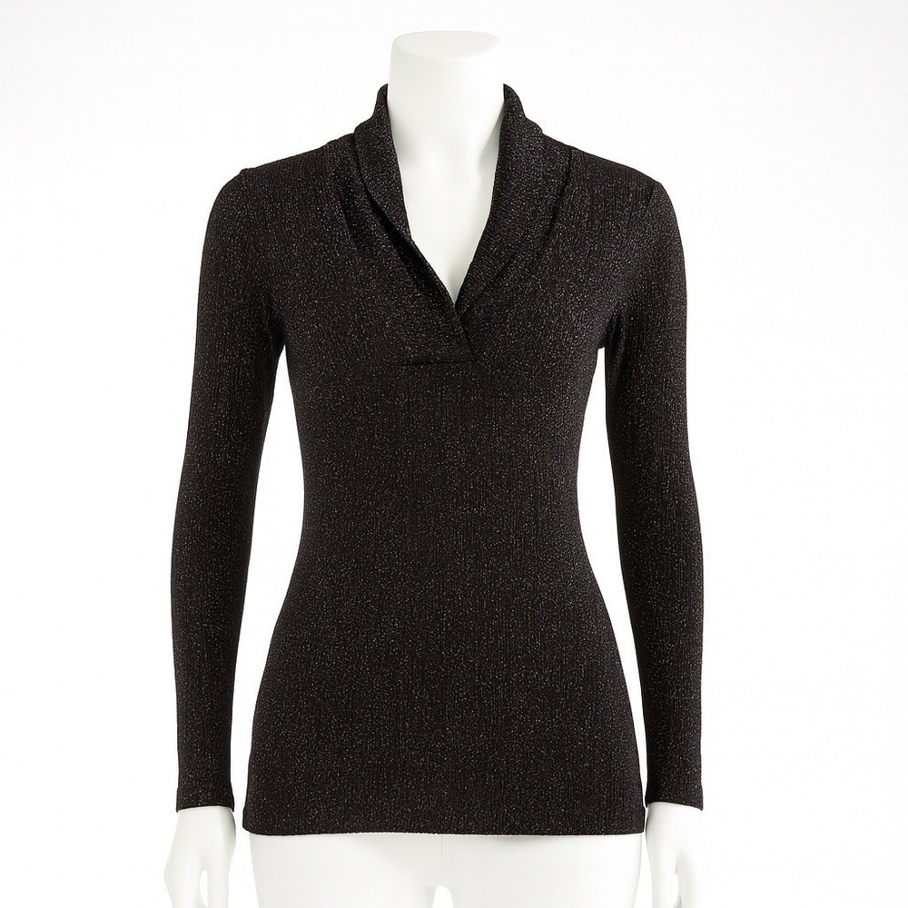 White House Black Market Top Womens XS Black Metallic‎ Rib Knit Shawl Neck Party